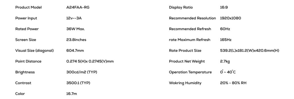 Redmi g24 165hz Gaming Monitor Specification